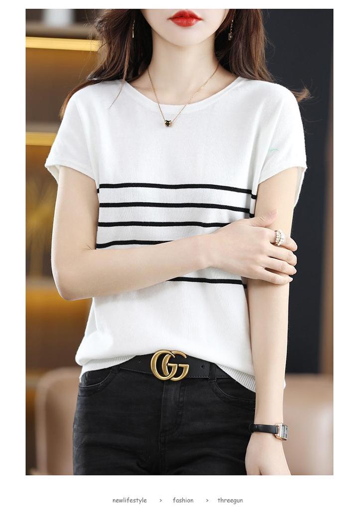 Women's Spring 2024 Cotton Striped Knitwear T-Shirt - Short Sleeve, Round Neck