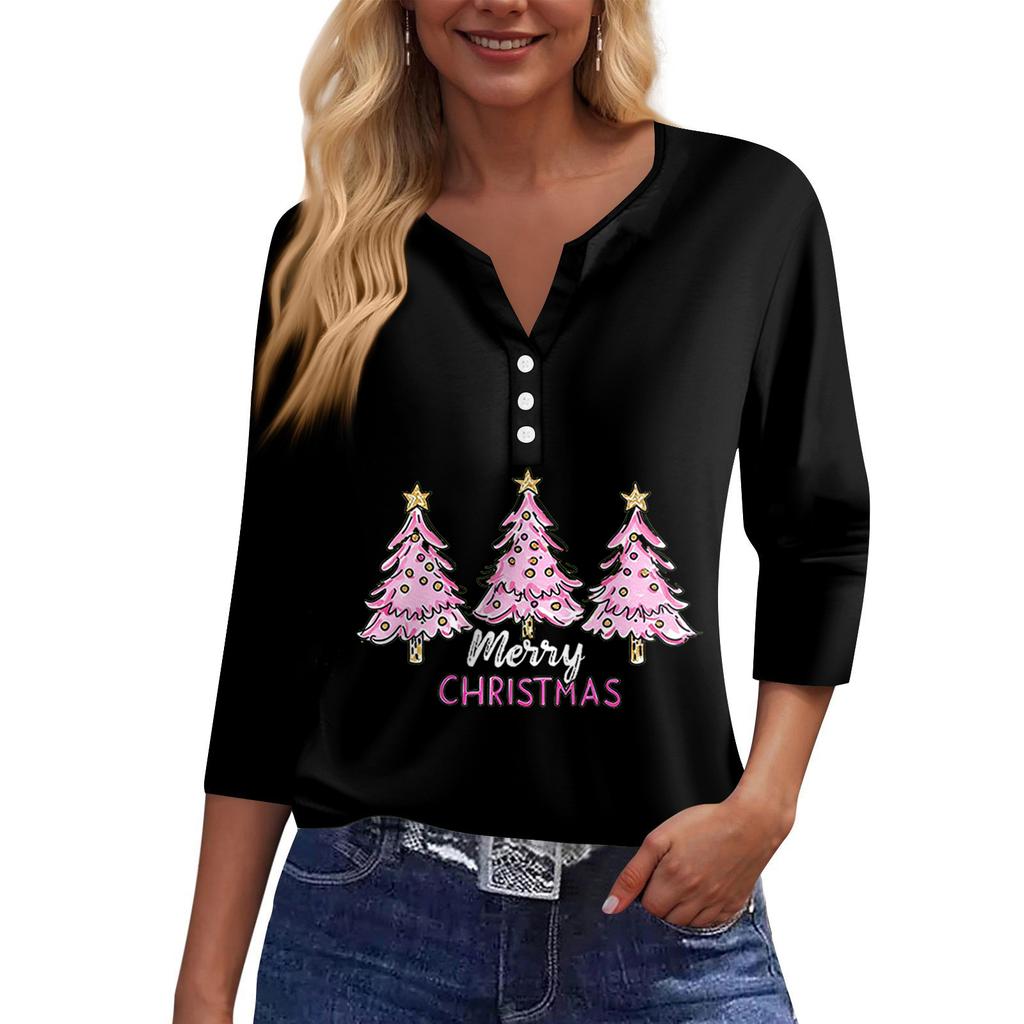 Γυναικείο μπλουζάκι μπλουζάκι με τύπωμα κουμπιού μανίκι 3/4 Καθημερινή μόδα για Σαββατοκύριακο Basic V-λαιμόκοψη κανονικό μπλουζάκι