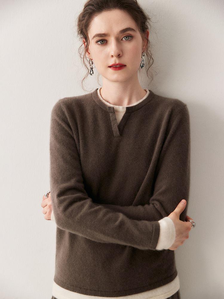 Korean Style Color Block Women's Cashmere Knit Patchwork Top - Fake Two-Piece, Round Neck, Long Sleeve