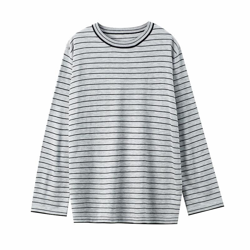 

Классический трикотажный свитер с круглым вырезом в полоску, летний тонкий свободный и тонкий внутренний повседневный пуловер с длинным рукавом, базовая рубашка one size fits all серый