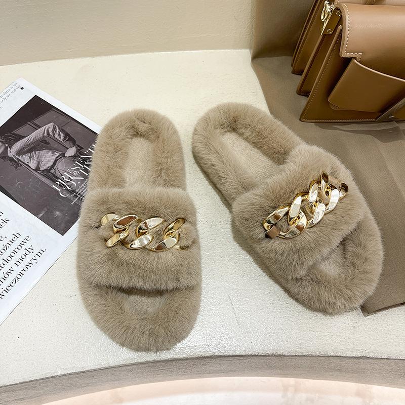 Height heel thick bottom fluffy slippers women wear autumn and winter cotton drag chain Internet celebrity popular plush slippers spring and summer