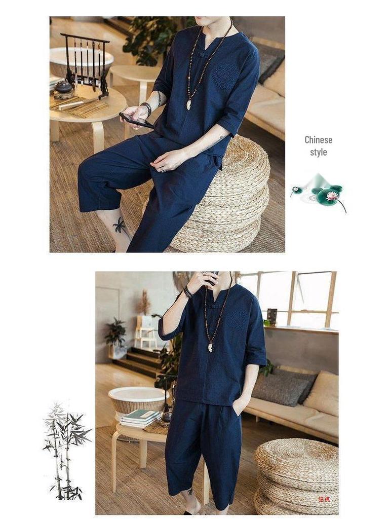 Men's Chinese Linen Pajama Set: Short Sleeve Hanfu Top with Frog Buttons and Cotton Linen Capri Pants In Trendy Loose Fit