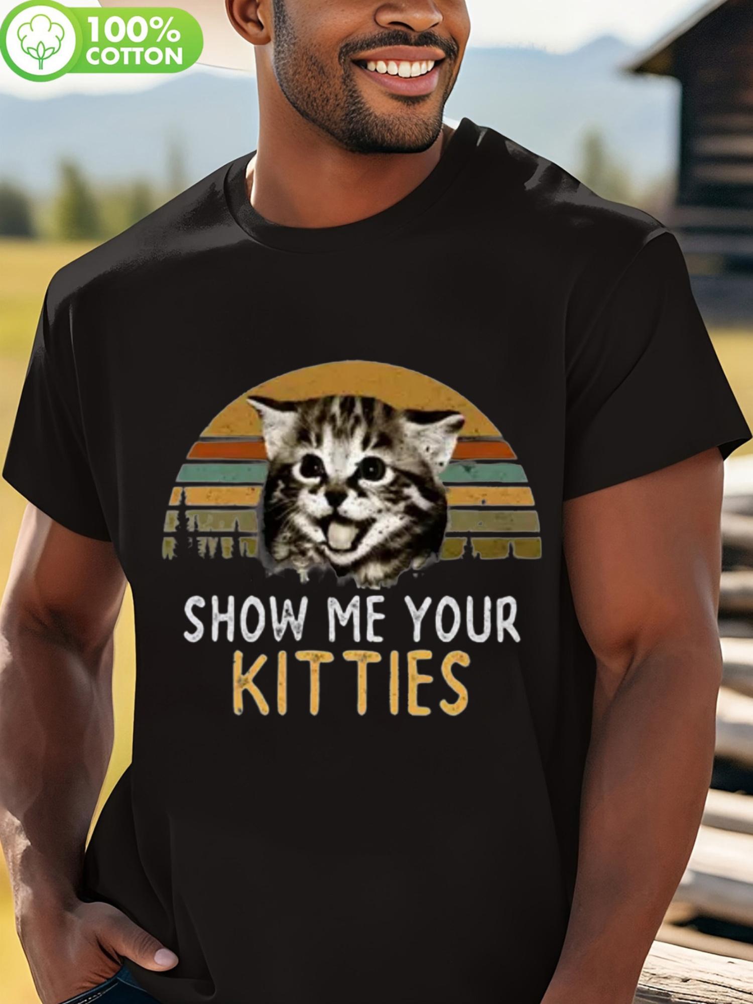 Show Me Your Kitties Cotton Graphic Tee - Casual Crew Neck T-shirt with Playful Cat Design XL
