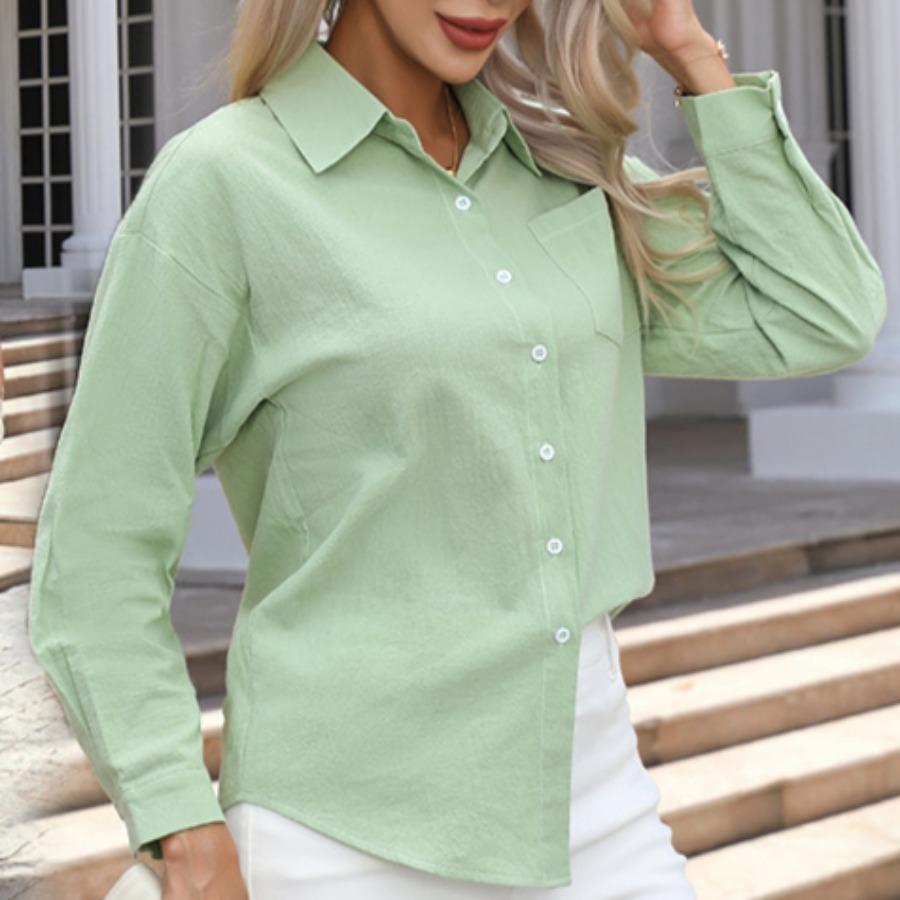 

Женская осенняя одежда однотонная из чистого хлопка с длинным рукавом свободная повседневная рубашка женский топ XXL светло-зеленый