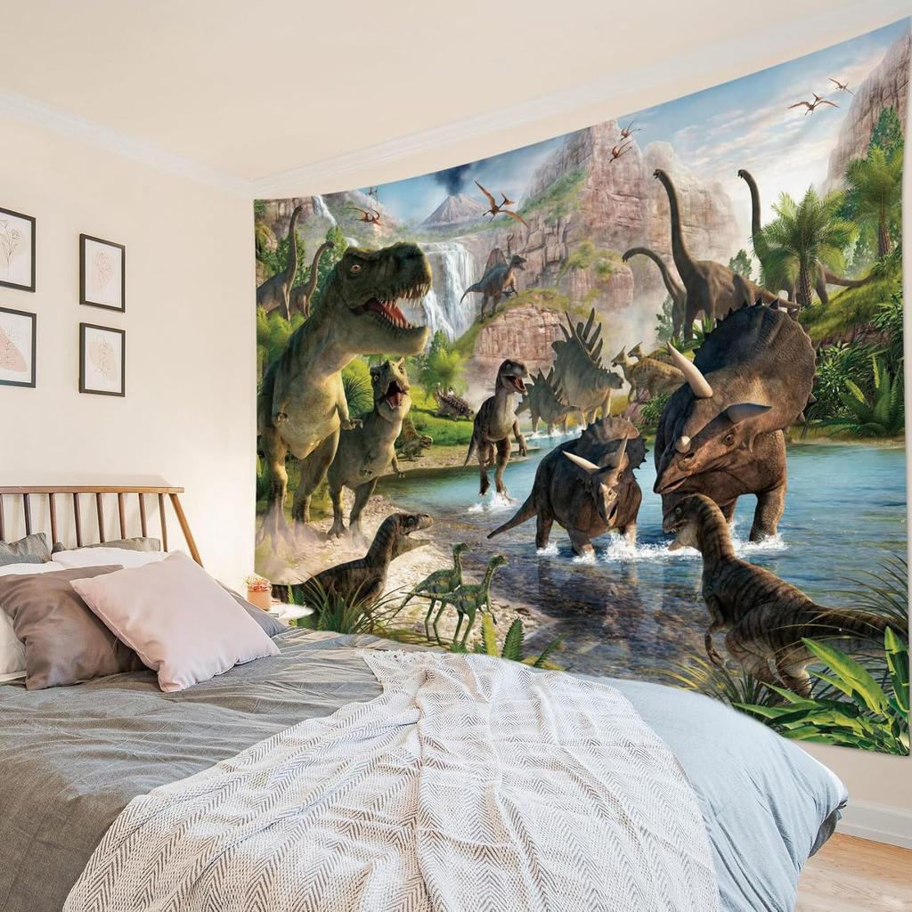 Dinosaur Tapestry for Bedroom, Ancient Wild Animal Dinosaur In Green Forest Tapestry Wall Hanging Mountain Nature Landscap