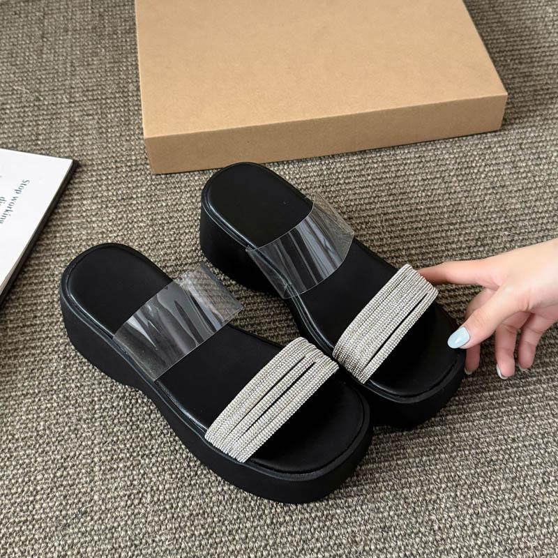 Kleine Damen-Pantoletten mit dicker Sohle, Muffin-Boden, Strass, Sommer, erhöhend, wasserdicht, Tischdamenschuhe