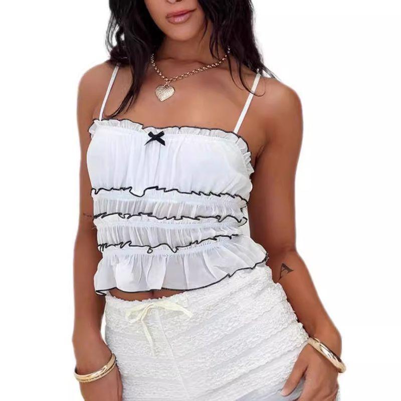 Fashion Summer Women's Versatile Sexy Open Back Wooden Ear Stitching Sleeveless Vest Silm Short Sling Tops