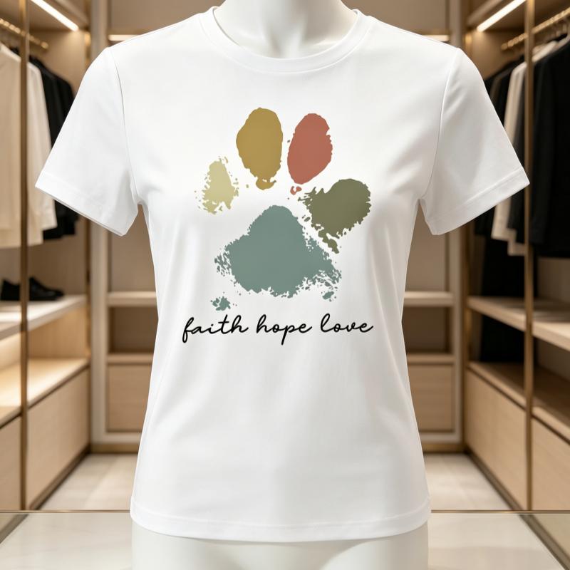 Black And White Printed Faith Hope Love Paw Print Tshirt Bohemian Pet Palm Print Pattern Harajuku Casual Tshirt