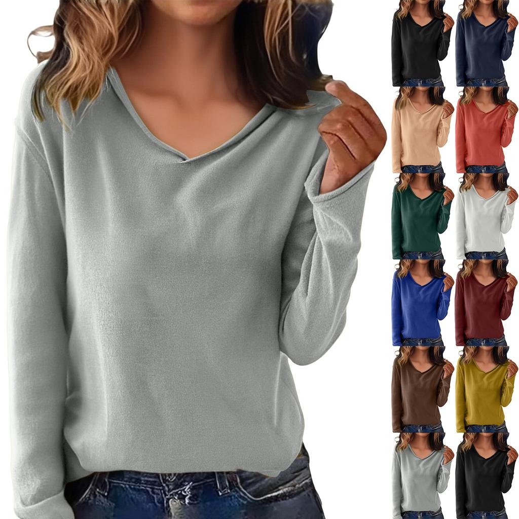 Women's Fashion Casual V-neck Warm Knitted Sweater Solid Color Long-sleeved Top