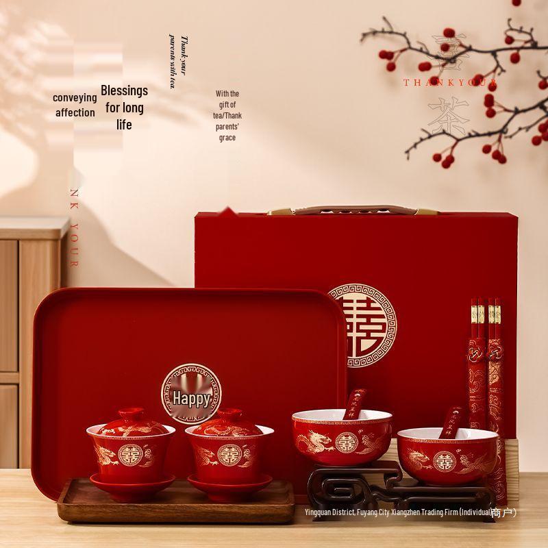 Wedding Tea & Chopstick Set: Red Bowls for Toasting & Happy Celebrations.