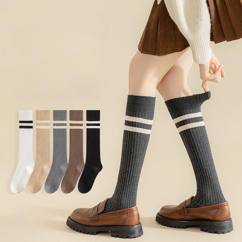 Women Striped Cotton Long Socks Japanese JK Black White Knee High Stockings Long Tube Leg Solid Color Girls Students Warm Socks