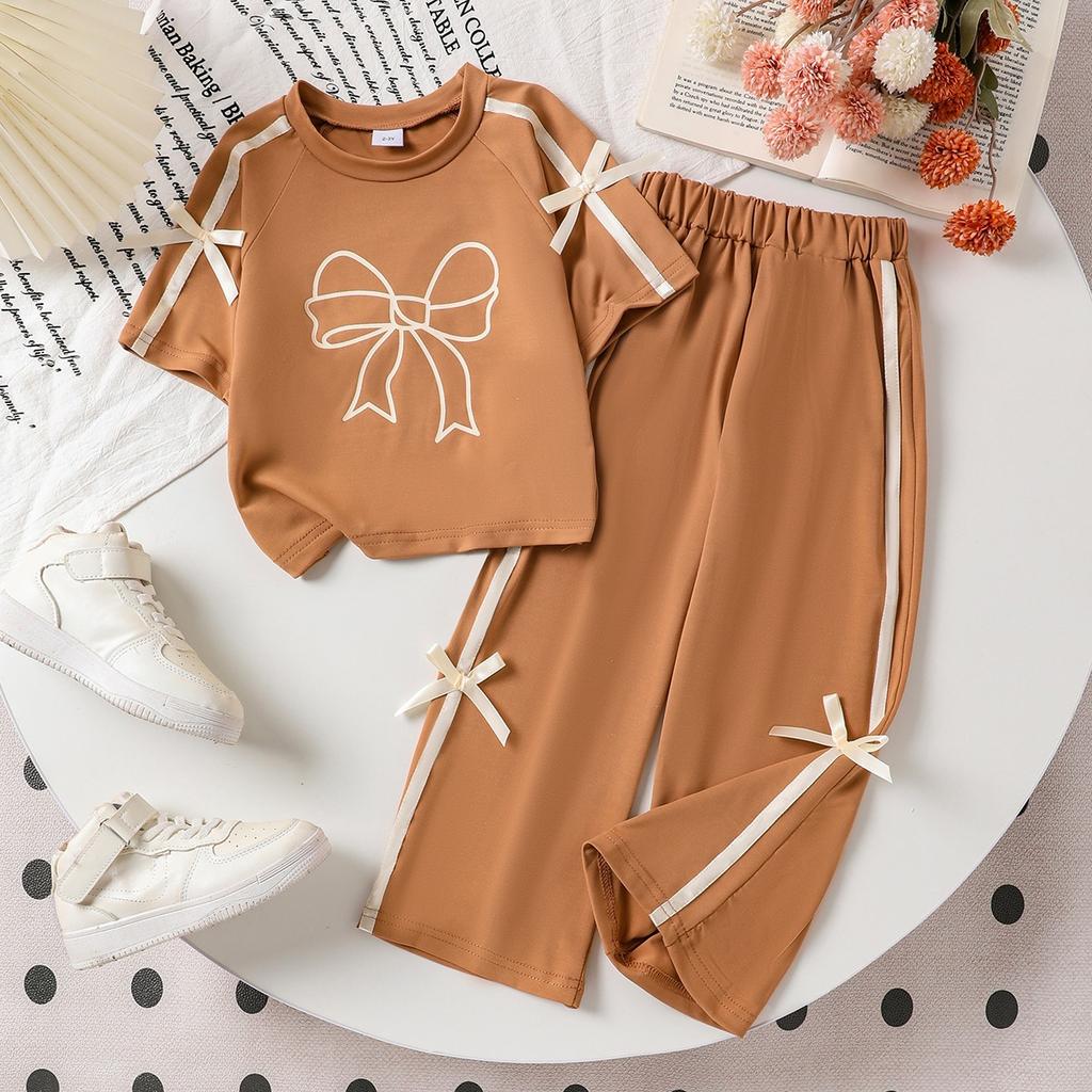 Girls' Fashionable Caramel-colored Bow Tie Set for Summer Children's Casual Short-sleeved Wide-leg Pants Two-piece Set