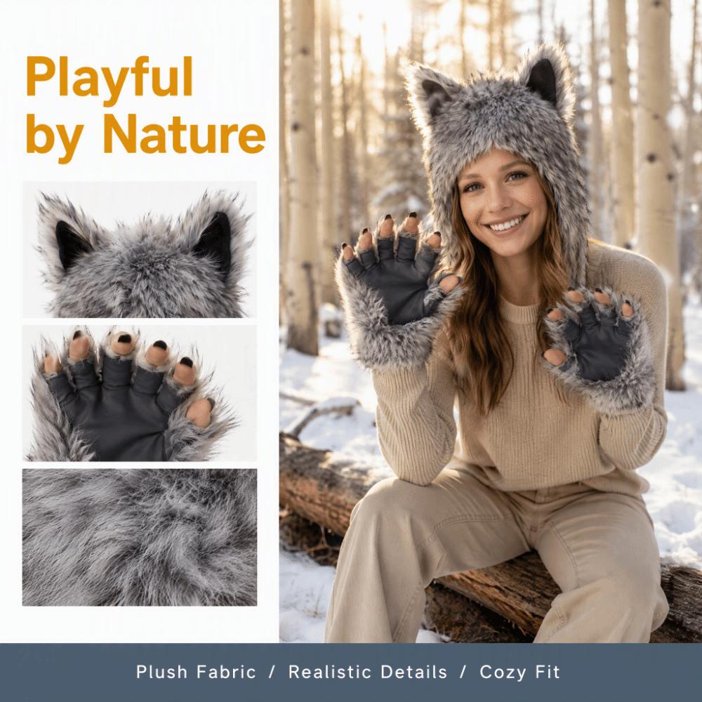Hairy Werewolf Paw Mitten Fluffy Texture Wolf Hat with Ears Wolf Paw Cosplay Set Carnival Party