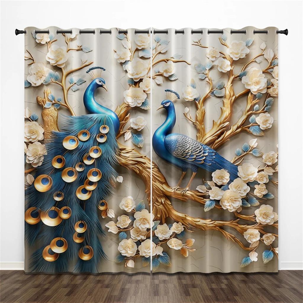 3D Luxury Home Decor Animal Peacock Gold Texture Curtains 2 Panel Living Room Bedroom Study Children's Room Decor
