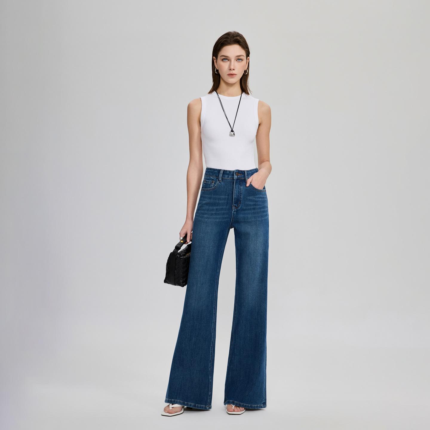 Shi Lin Women s High-Waisted Tencel Flare Jeans - Spring 2026 Collection, Stretchy Loose Fit, Straight Leg Design. 28 темно-синий