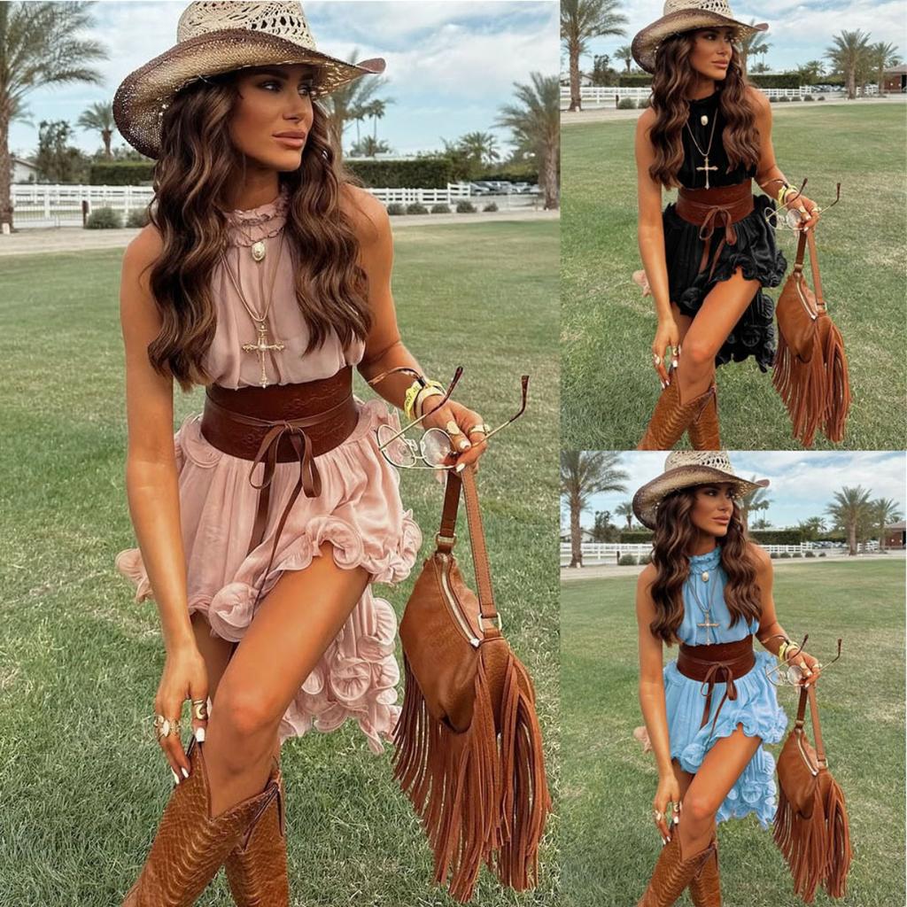 Women's Loose Fit Two-piece Skirt Suit Sleeveless Chiffon Top Belted Waist Ruffle Mini Skirt Co-ord Set