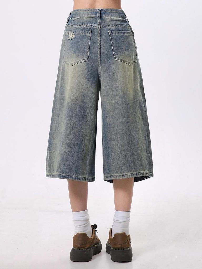 Retro zerrissene Denimshorts für Damen Baggy Sieben-Punkt-Jeanshosen Trendkleidung Y2k Streetwear Sommer