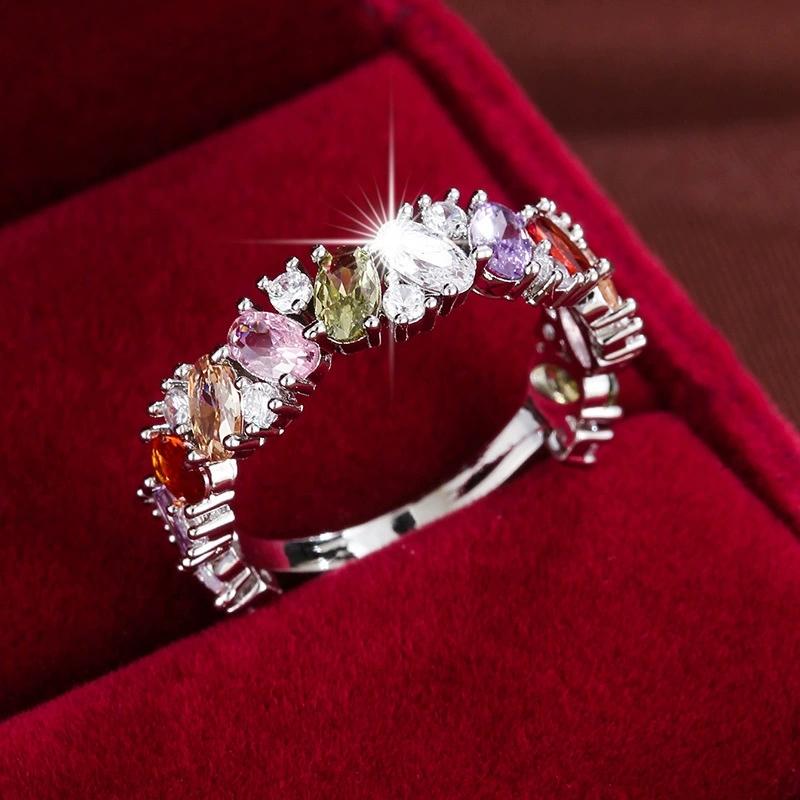 Vintage Rainbow Oval Round Green White Zircon Rings For Women Gold CopperColor Bridal Wedding Bands Engagement Party Jewelry