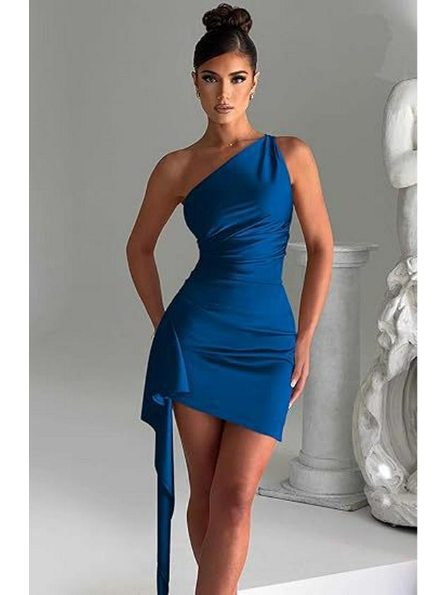 One-Shoulder Ruched Slit Satin Dress - European & American Summer Elegance
