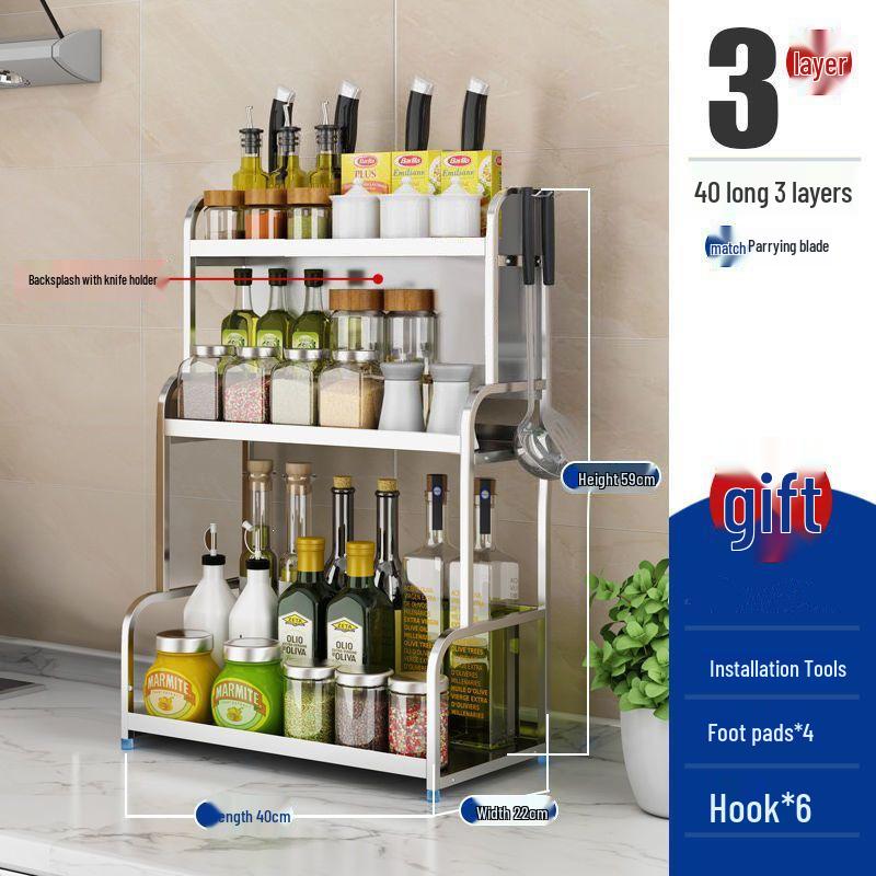 Stainless Steel Multi-layer Kitchen Rack: Spice, Knife Holder & Storage