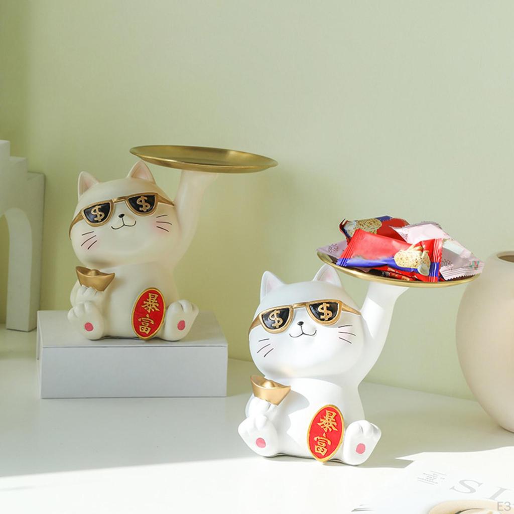 Kreative Glückskatzen-Statue mit Tablett Schlüsselhalter Harz-Kätzchen-Figur Ornament Schreibtisch-Organizer für