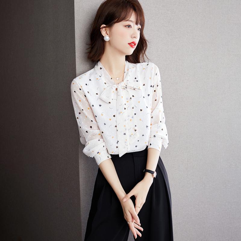 2025 Autumn Floral Long Sleeve Bowknot Chiffon Shirt - Slimming & Tummy Covering