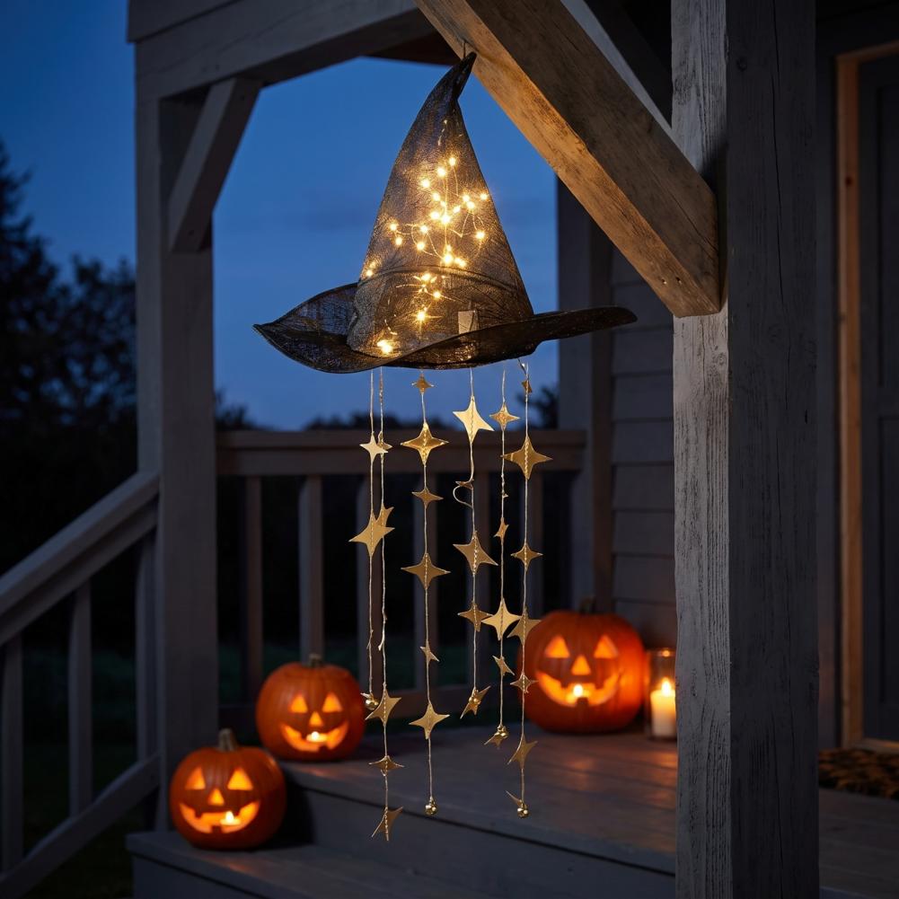 Indoor Seasonal Festive Accents Outdoor Porch Decor Witch Hat Hanging Chime Halloween Led Star Tassel Ornament Magical Porch