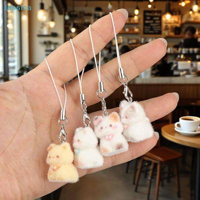 Cute Flocked Animal Phone Charms - Mini Plush Bear Rabbit Cat Keychain for Backpacks and Phones