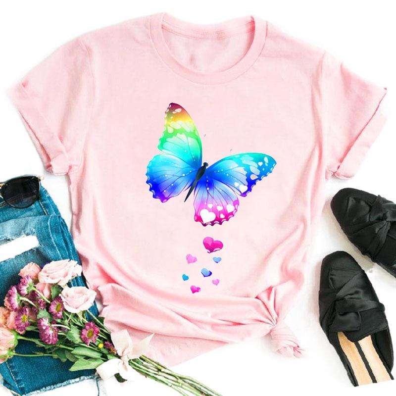 Fashionable Plus Size Color Butterfly Print Simple Base Shirt Loose Fitting Clothes Pure Cotton T-Shirts Women’s