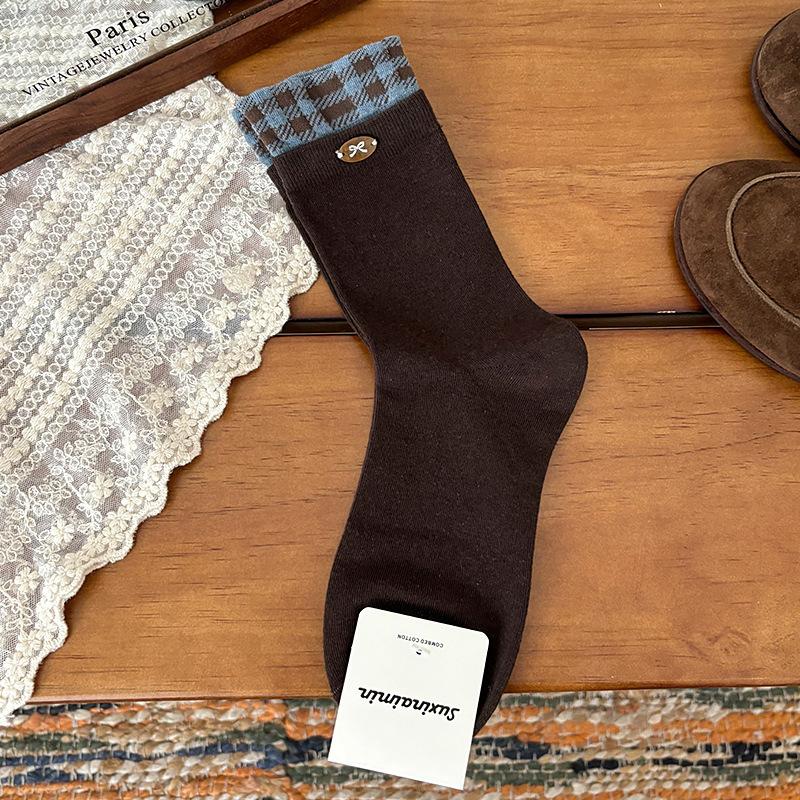 Autumn and Winter Bow-buttoned Mid-calf Socks, College-style Striped Blue Coffee-shaped Pile Socks