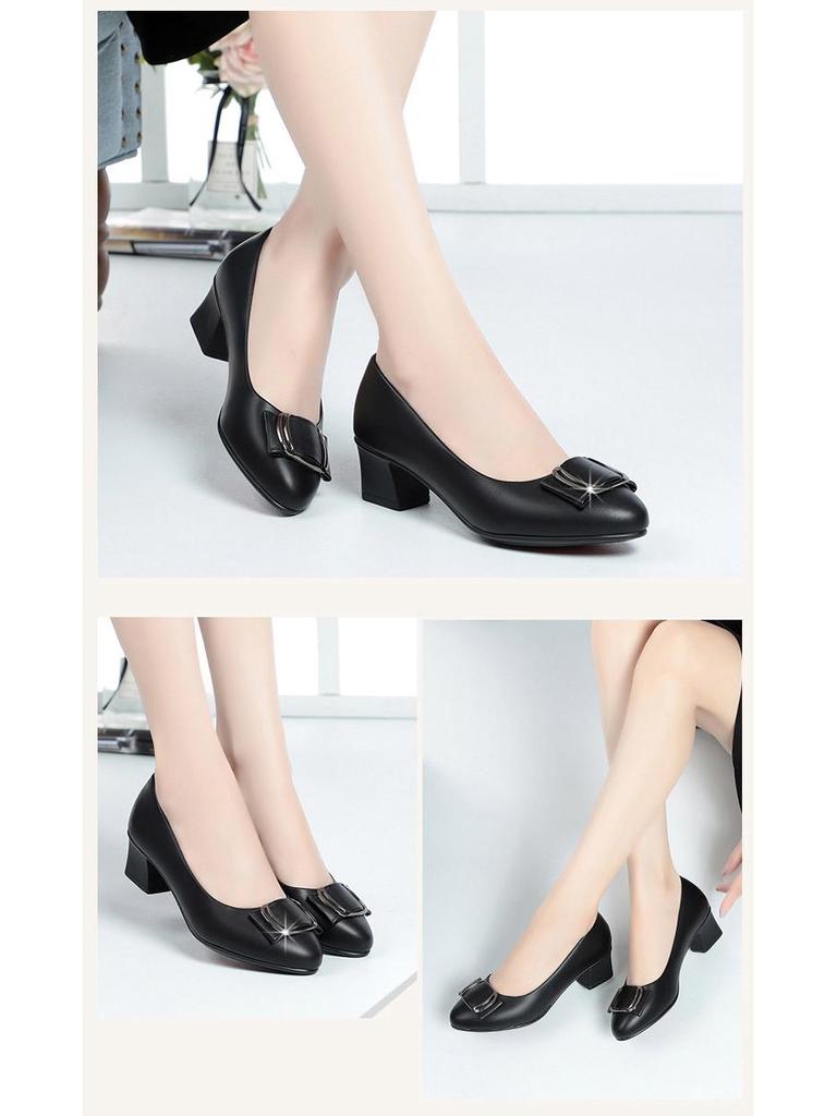 Four Seasons Women's Burgundy & Beige Leather Pointed-Toe Low-Cut Pumps with Medium Thick Heels.