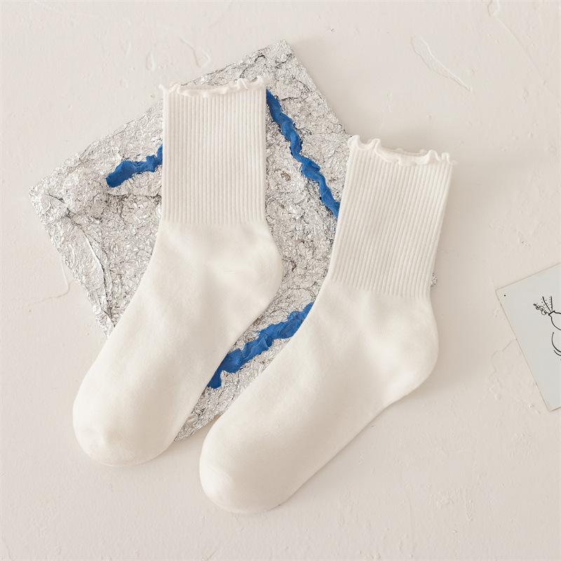 Female Spring and Summer Simple Pure Color Fungus Edge College Wind Breathable Tube Cotton Socks