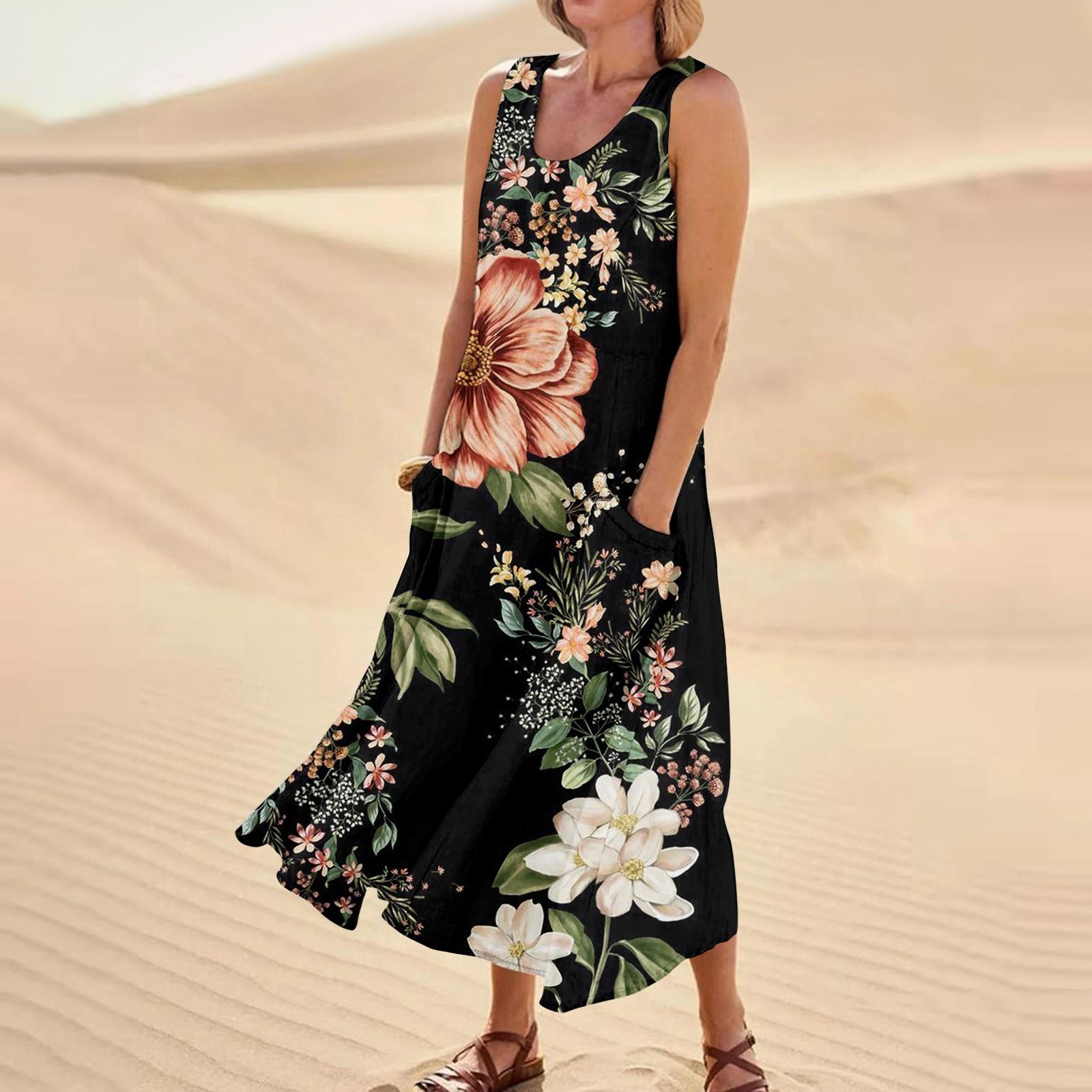 

Женское модное повседневное хлопковое льняное платье без рукавов с принтом и карманами XXL армия зеленый