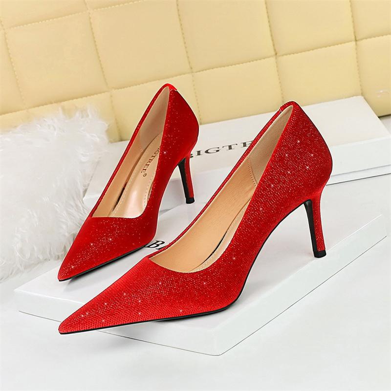 Versatile Style Fashion Women Bling Party Pumps Thin Super High Heel Shallow Mouth Pointed Toe Corduroy Wedding Single Shoes