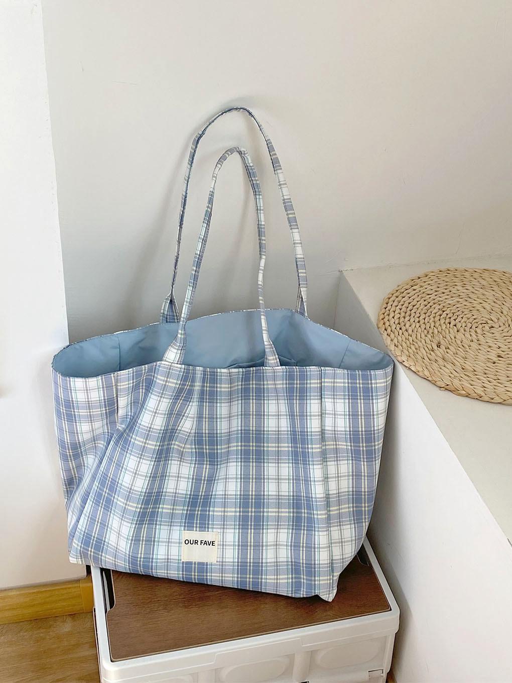 Retro Plaid Double-sided Women Shoulder Bags College Style Contrast Color Ladies Handbags Casual Female Large Tote Shopping Bag синий