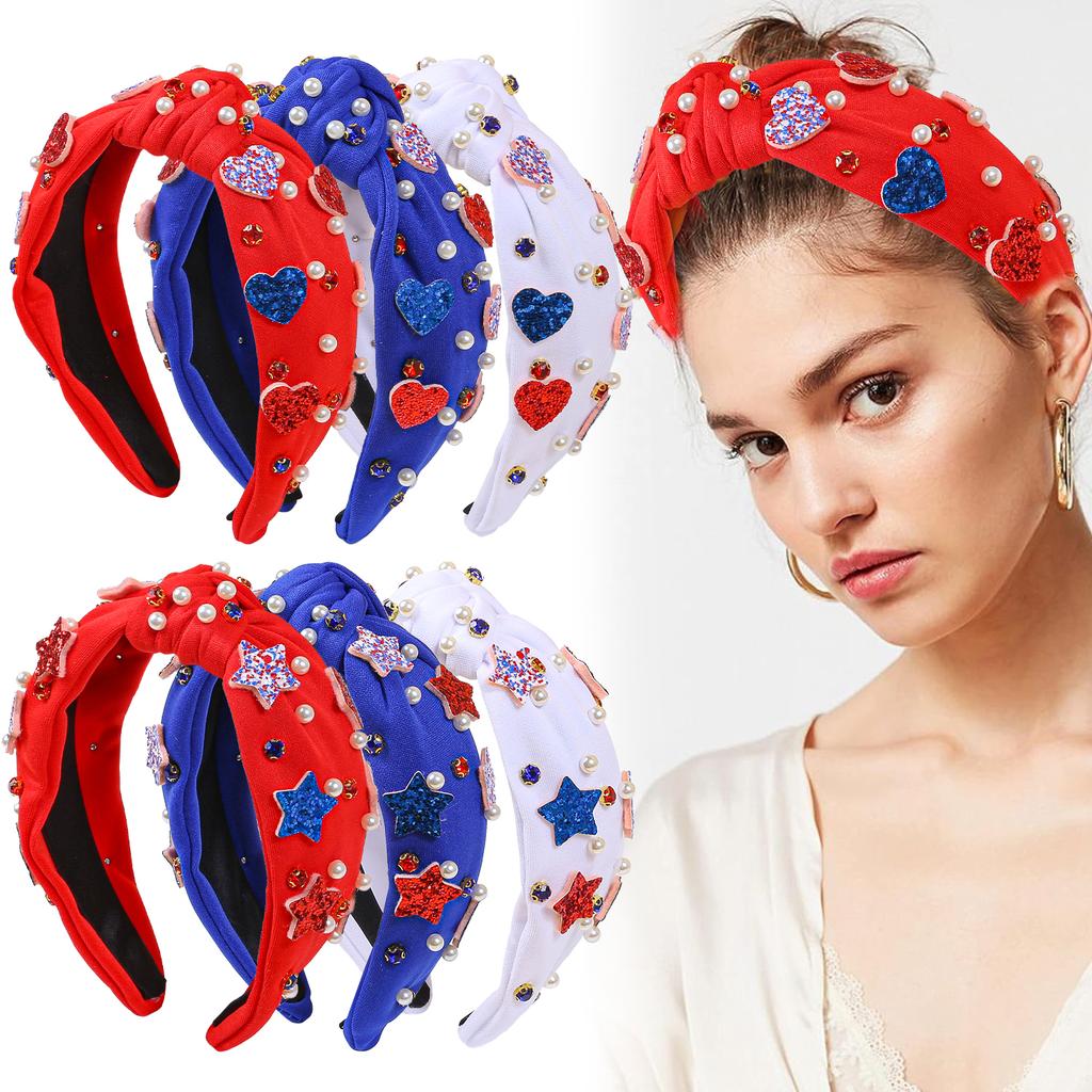 USA Independence Day Star Headband for Women Girls Crystal Pearl Headbands Hairbands Bowknot Headband Holiday Hair Accessories