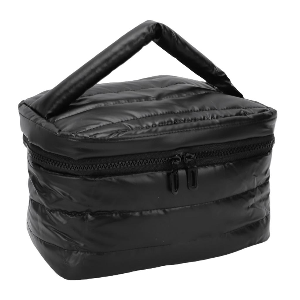 Quilted Makeup Bag Large Capacity Toiletry Organizer with Handle for Women Travel Gym Daily Use Black