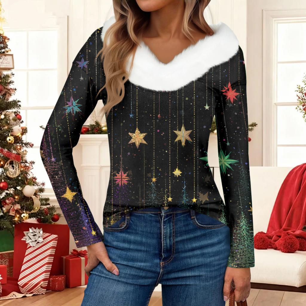 Women's Fashion Casual Long Sleeve Christmas Printed Plush Collar V-Neck Top