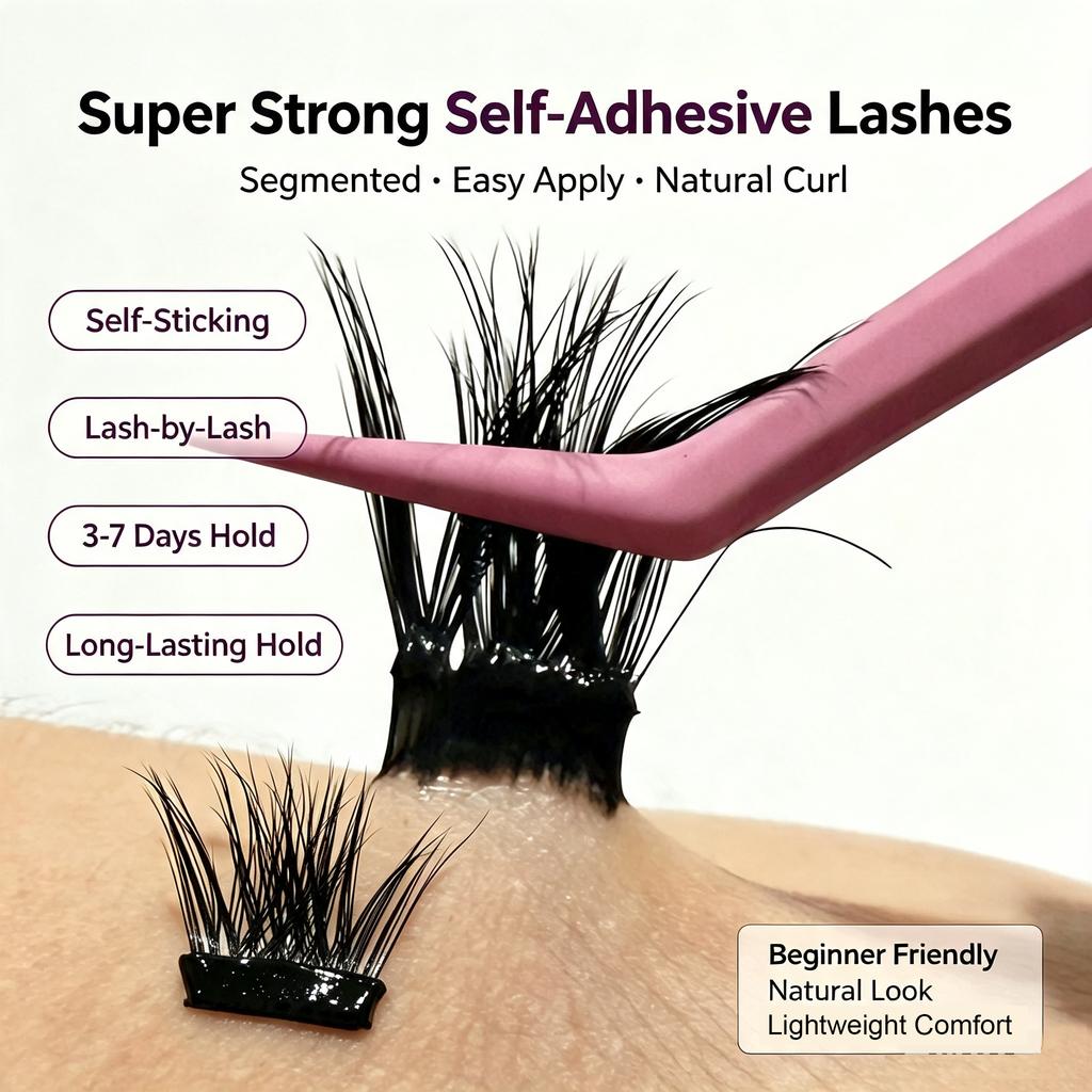 Self Adhesive Eyelashes 2-5 Days Hold Wide Glue Tape No Glue Needed Lashes 10-16mm Pre Glued Cluster Lashes