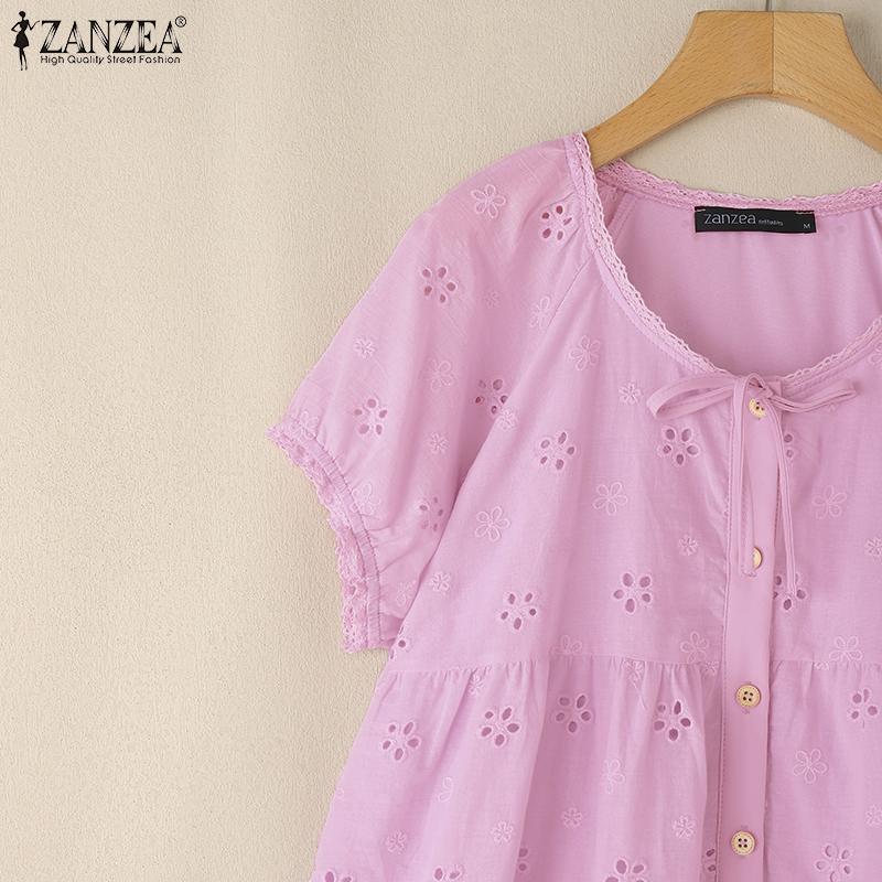 ZANZEA Damen Casual Rundhals Lose Stickerei Häkeln Kurzarm Bluse