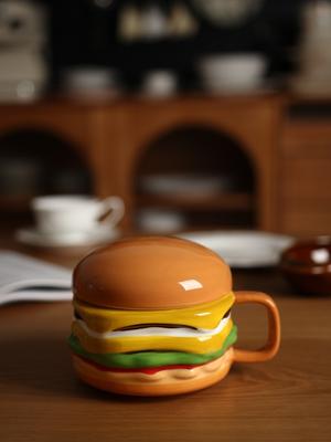 Creative Ceramic Burger Coffee Cup with Lid Irregular Breakfast Milk Mug for Home Office Afternoon Tea Floral Tea Coffee Cup New