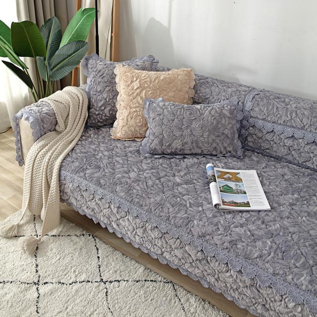 Modern Rose Plush Sofa Cover 5 Seater Solid Thickened Corner L Shape Leather Couch Slipcover Lace Armchair Furniture Protector