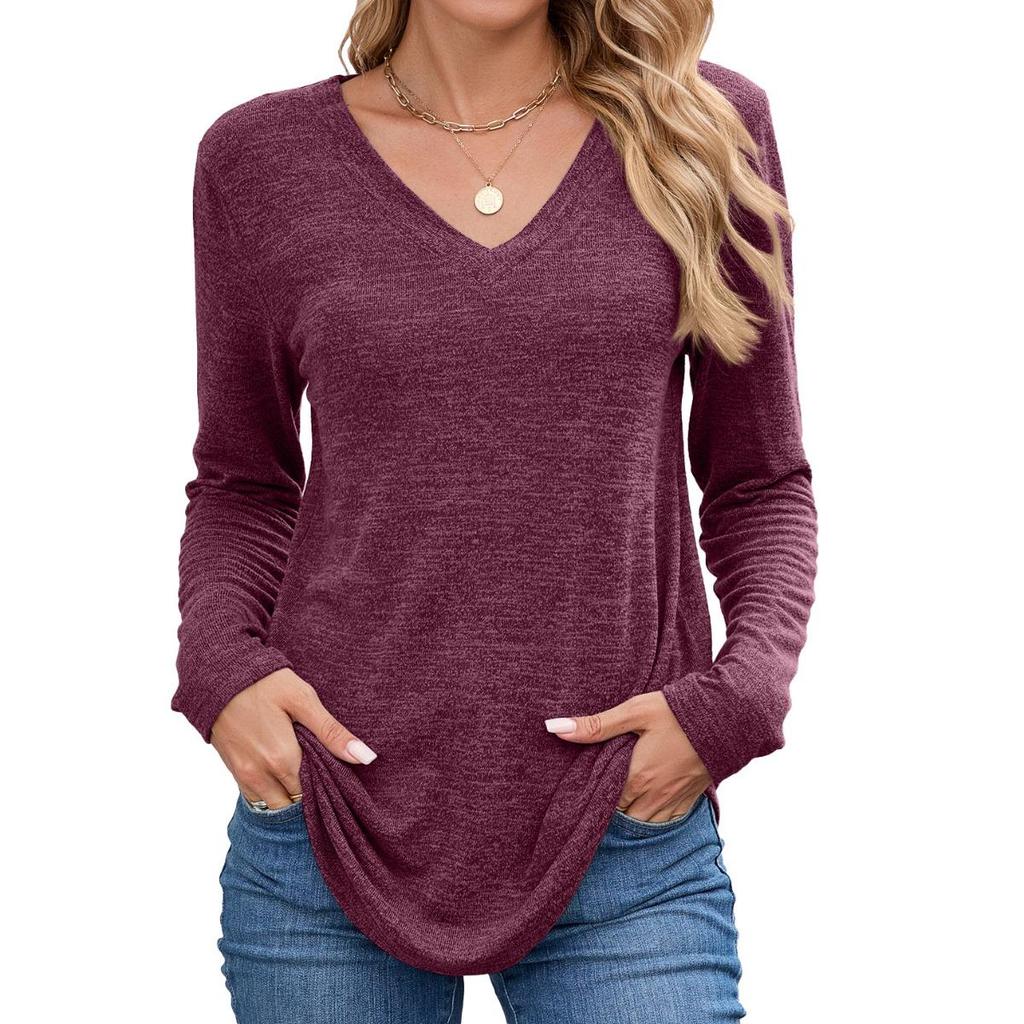 Loose V-Neck Solid Color Casual Long Sleeve T-Shirt Top for Women Ready to Ship Fall Winter