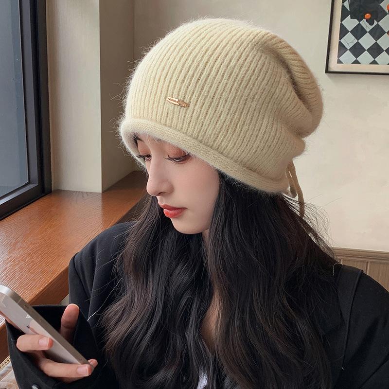 Autumn and winter wool hat women's big head circumference shows small face, ear protection keeps warm, imitation rabbit hair knitted drawstring