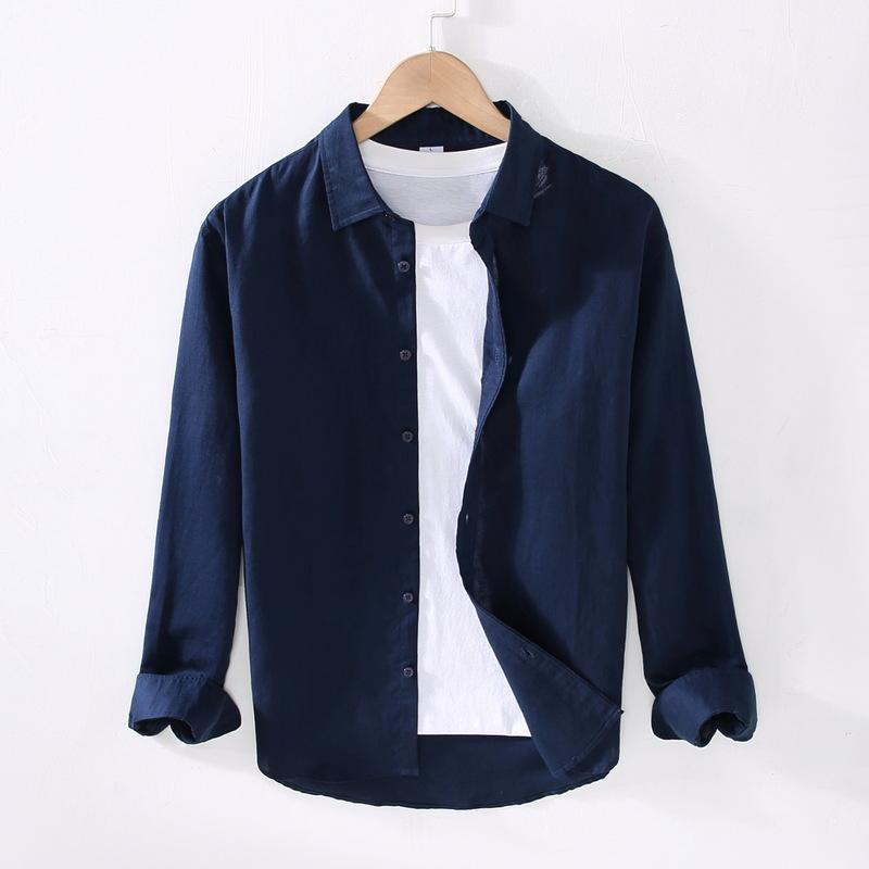 Linear Long-sleeved Men's Japanese Casual Loose Cotton Linen Shirt Spring and Summer Outfit Inch Shirt