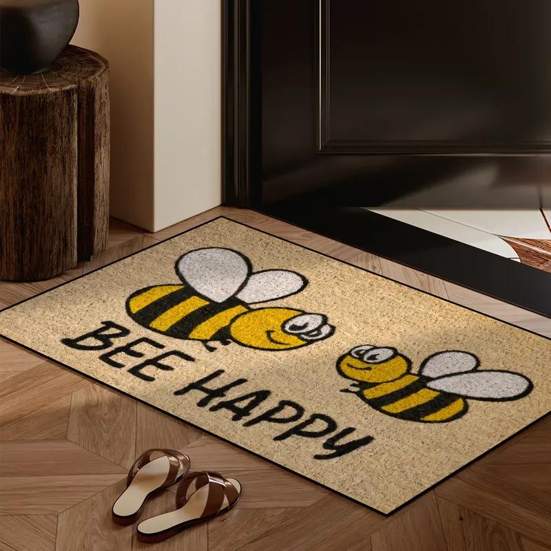 VIKAMA Bee Happy Doormat Welcome Mat Crystal Velvet Outdoor Carpet Living Room Floor Mat Rug For Bedroom Lightweight Home Decor