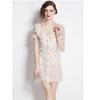 2024 Summer New Arrive Women Lace Mini Dress Suqare Collor Short Sleeve Hollow Out Sexy Female Party White Dress With Belt