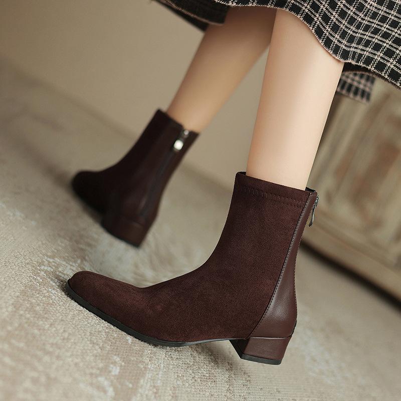 Damen-Wildleder-Stiefeletten mit dicken Absätzen für Herbst und Winter neue Damenstiefel