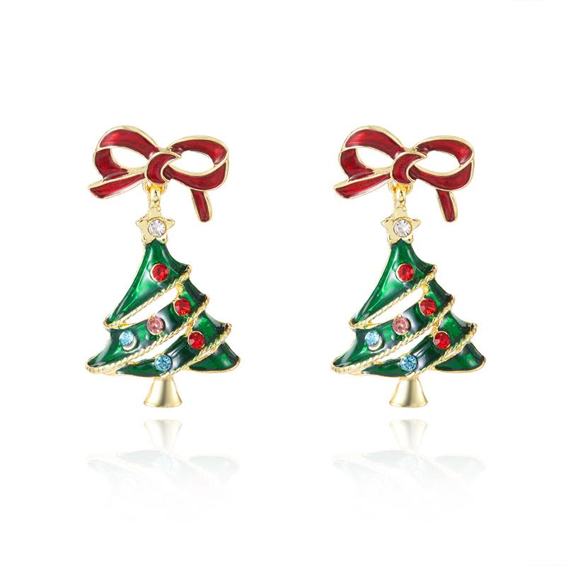 Red Bow Christmas Tree Earrings for Women Colorful Crystal Festive Holiday Dangle Drop Jewelry Gift Girls Best Friend Party