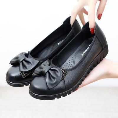 Big Size 42 Genuine Leather Ladies Shoes 2025 Spring Bow-tie Shallow Loafers Soft Bottom Mom's Flats Office Lady Dress Shoes